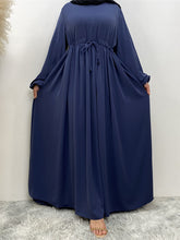 Drawstring Elasticity Muslim Pleated Solid Color Zipper Long Sleeves Loose Round-Neck Maxi Dresses